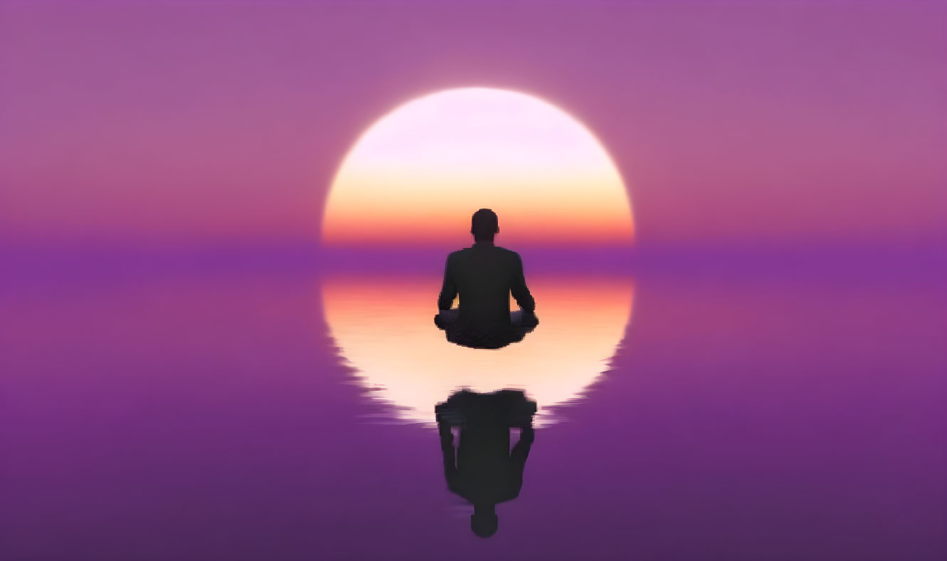 Meditating person in lotus position by setting sun and purple water.