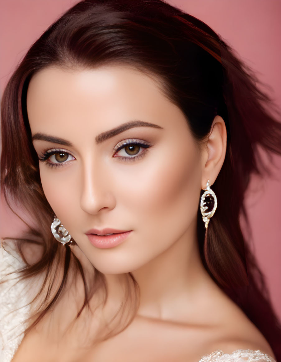 Styled hair, makeup, and elegant earrings on woman against pink background