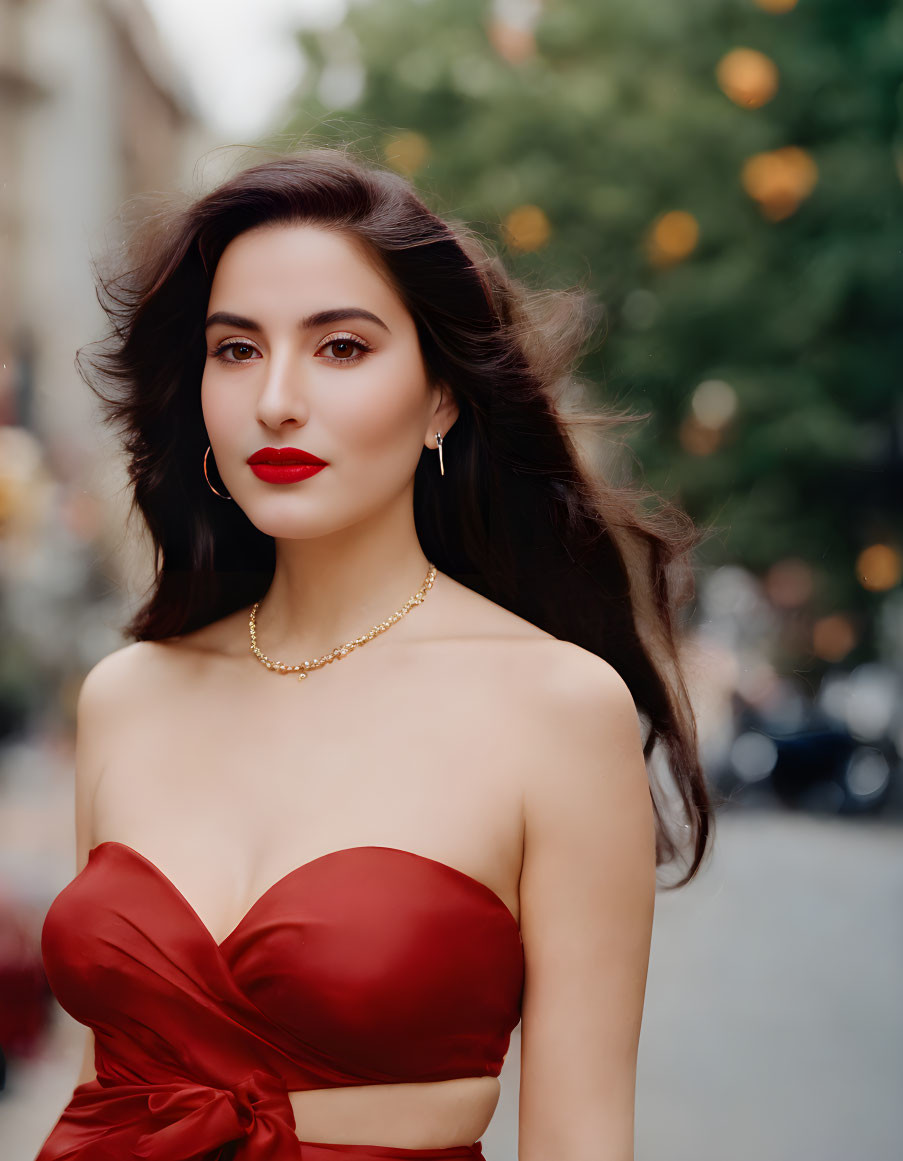 Woman in Red Strapless Dress and Gold Jewelry Posing on City Street