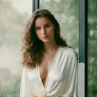 Long-haired woman in satin robe gazes out window with blurred greenery backdrop