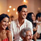 Elegantly dressed people laughing at social event with warm lights