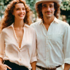 Outdoor portrait of smiling couple in beige and white attire