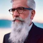 White-bearded elderly man in glasses and suit gazing sideways on soft-hued background.