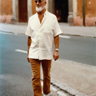 Bald Man Smiling in White Shirt on Cobblestone Street