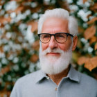 White-bearded elderly man in glasses, smiling in blue shirt against foliage.