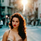 Woman with red lipstick and wavy hair in golden top on sunlit city street