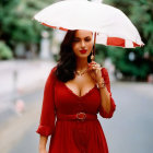 Woman in Red Dress Smiling with White Umbrella in City Street