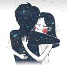 Intimate embrace illustration with stars and light specks