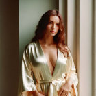 Woman in satin robe gazes out window with warm light on face