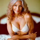 Mature woman with long grey hair in white lace bra against warm backdrop