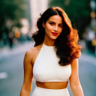 Brown-haired woman in white top on city street with blurred lights