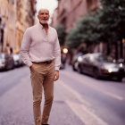 Confident bearded man in light shirt on city street