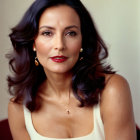 Brown-haired woman in white top with red lipstick and earrings on neutral background