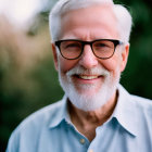 Elderly man with white beard and glasses in light blue shirt