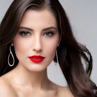 Portrait of woman with brown hair, striking eyes, red lipstick, teardrop earrings, grey backdrop