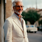 Elderly man in cream blazer poses confidently in urban backdrop