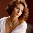 Curly-haired woman in white outfit with pearl jewelry against brown backdrop