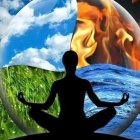 Silhouette meditating against earth, water, fire, and air background