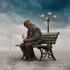 Elderly man in grey suit with red rose on park bench, foggy background