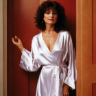 Curly-Haired Woman in White Satin Robe by Wooden Door