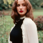 Curly-haired woman in white blouse and dark vest against autumn foliage