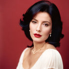 Dark-haired woman in white top and red lipstick against red backdrop