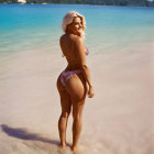 Person in Floral Swimsuit Smiling at Camera on Beach