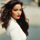 Dark-haired woman in white outfit and red lipstick, gazing at the camera in soft background