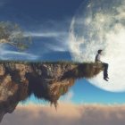 Person sitting on floating cliff gazes at detailed moon in dreamy sky
