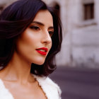 Dark-haired woman in white fur outfit and red lipstick gazes away, hoop earrings, blurred building background