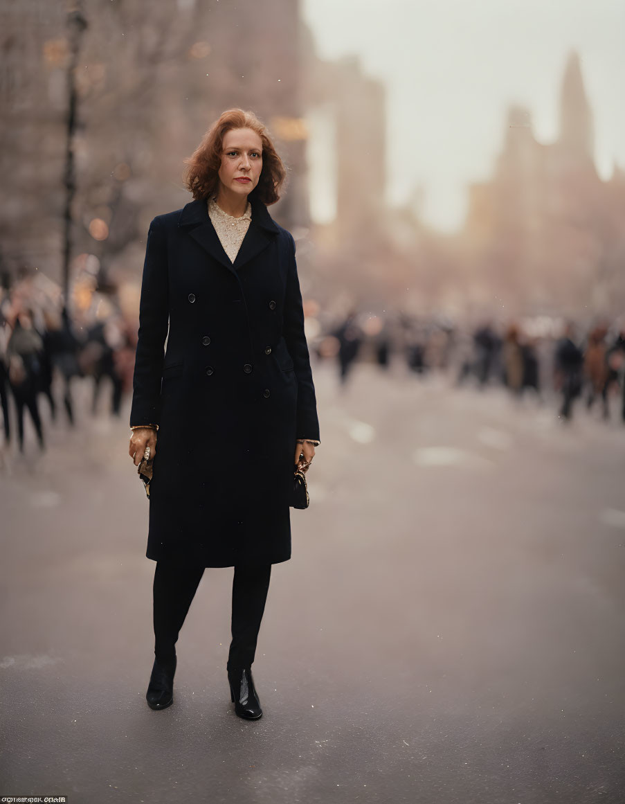 Confident woman in black coat and boots on busy street.