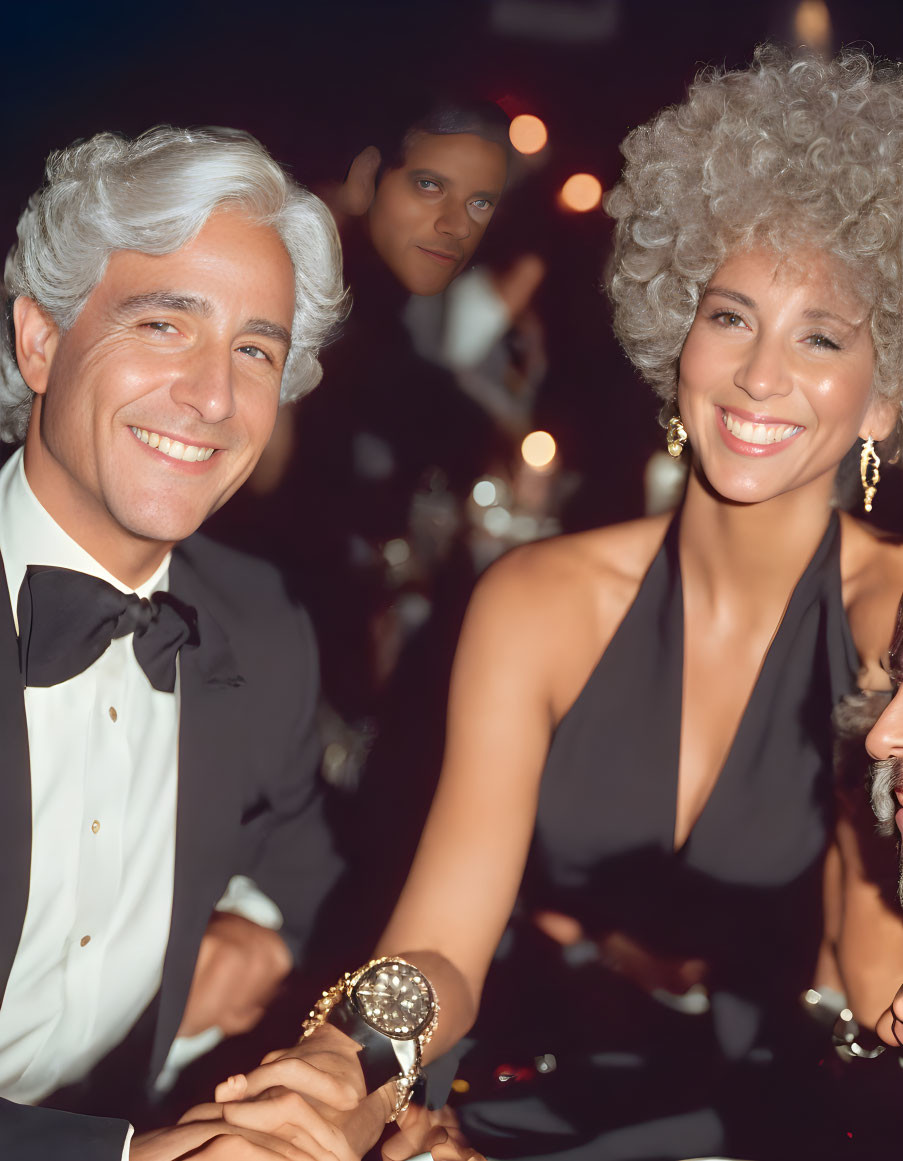 Elegant silver-haired couple in formal attire at event with onlooker