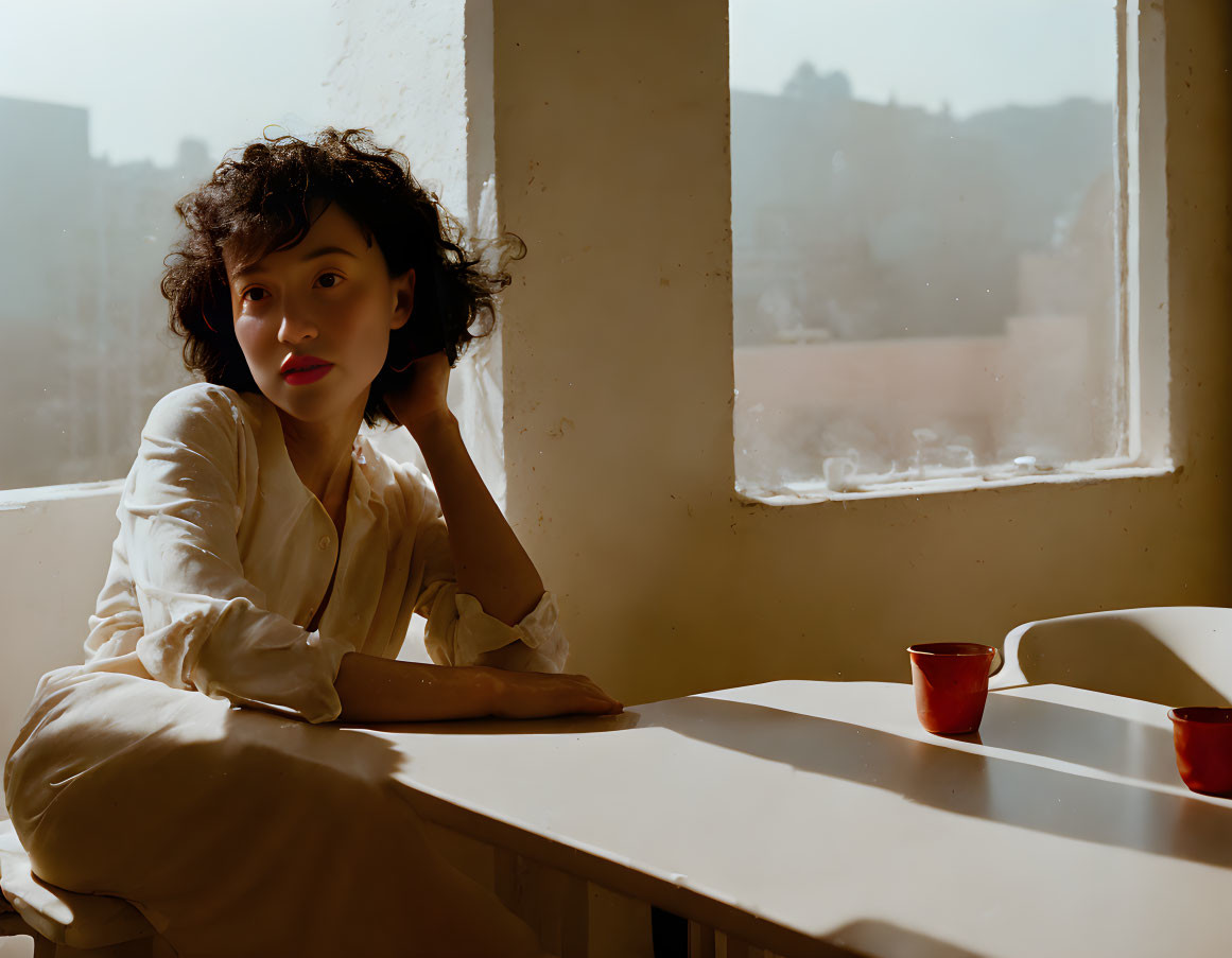 Curly-haired woman at table with red cups near window in sunlight.