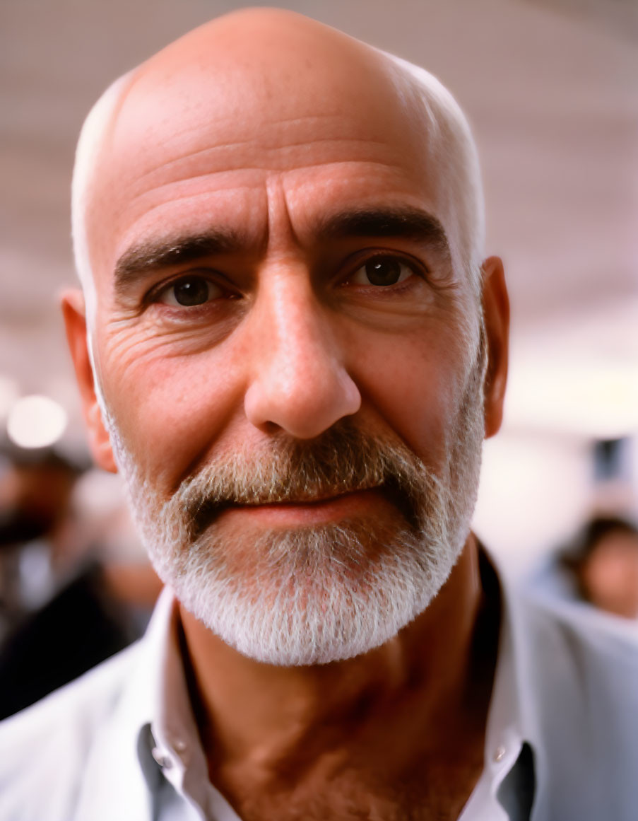 Portrait of bald man with grey facial hair gazing at camera