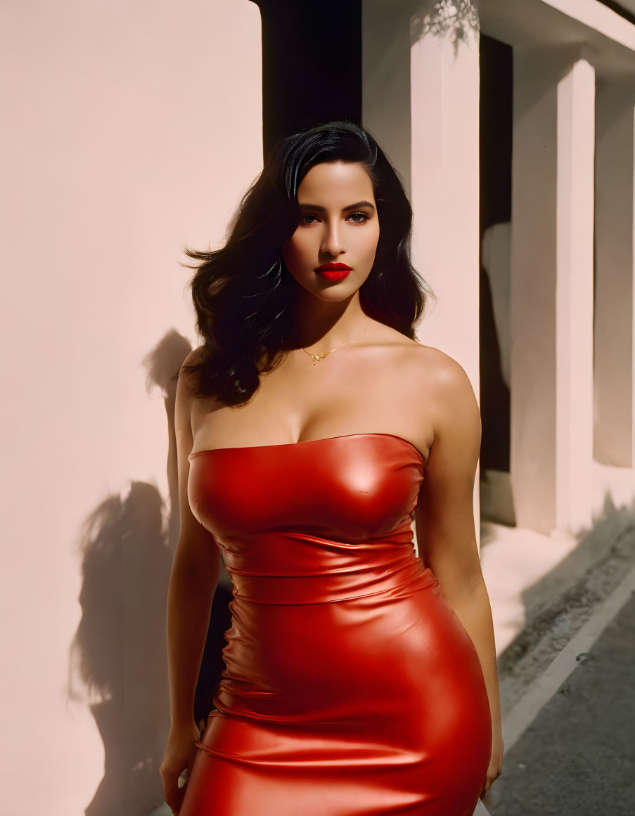 Elegant woman in red leather dress with shadow on sunlit wall