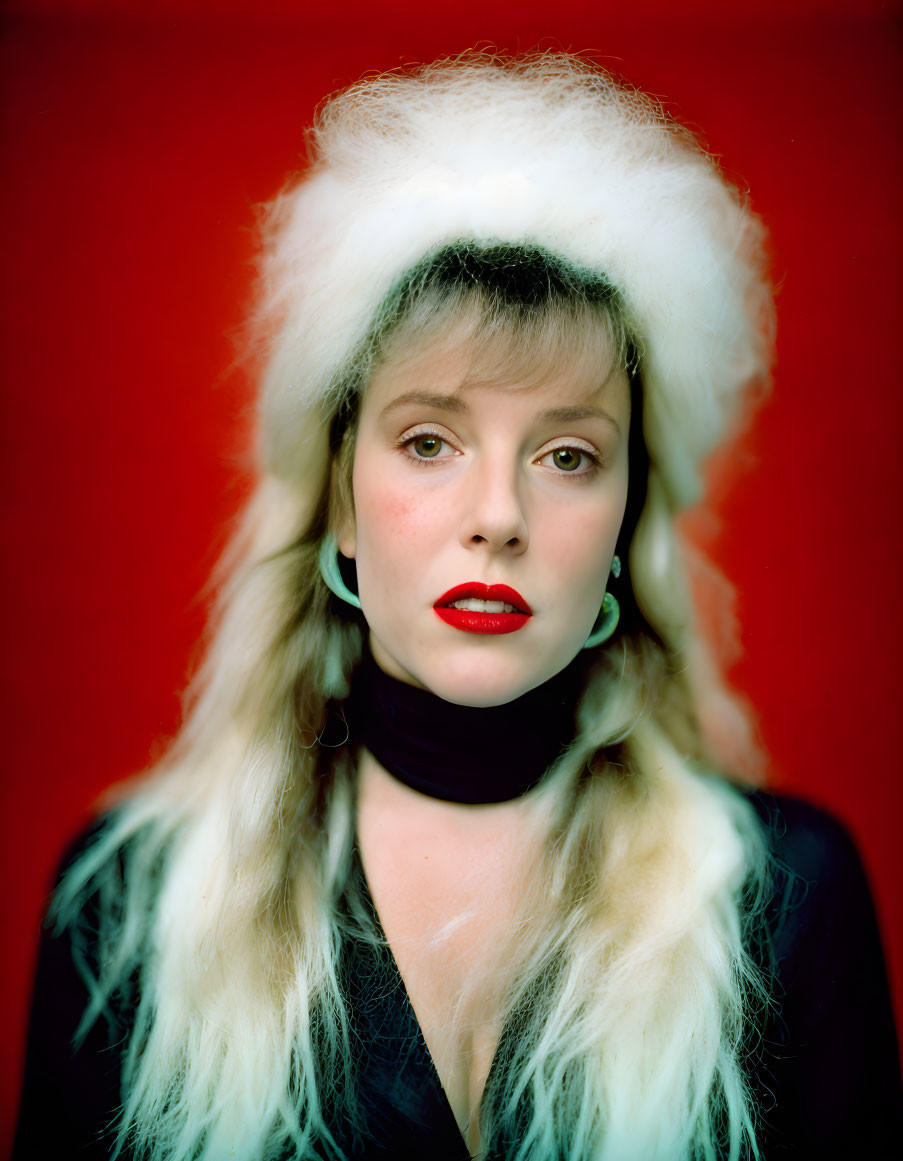 Woman in Red Lipstick and Black Choker Wearing White Fur Hat on Red Background