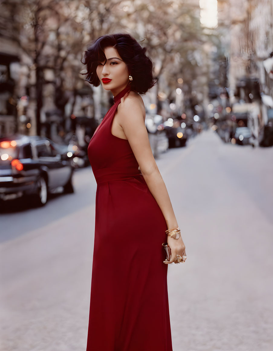 Fashionable woman in red halter neck dress on city street with cars and trees.