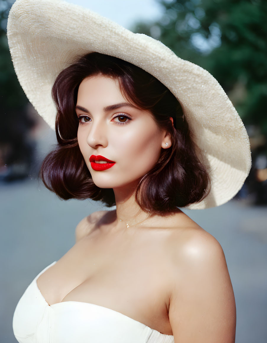 Woman with red lipstick and wide-brimmed hat in shoulder-length wavy hair portrait.