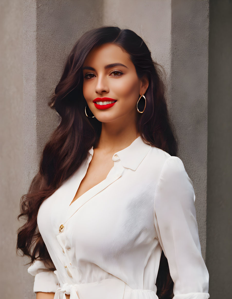 Dark-haired woman in white blouse and red lipstick on grey background