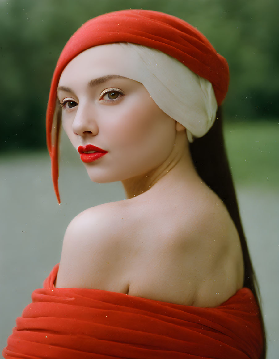 Portrait of woman with red lipstick, draped in red fabric and headwrap, against green backdrop