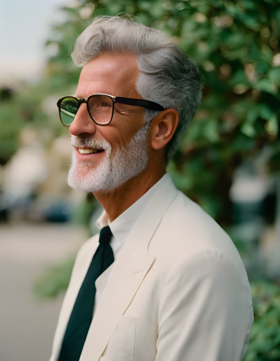 Senior Man in Cream Blazer Smiling Outdoors