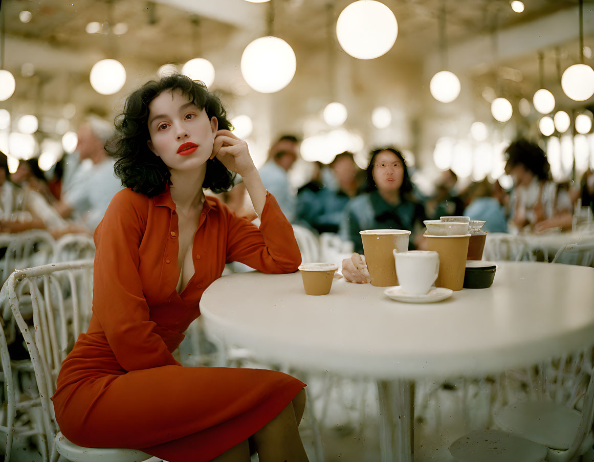 Curly-haired woman in red dress at cafe table with coffee cups and patrons under warm lighting