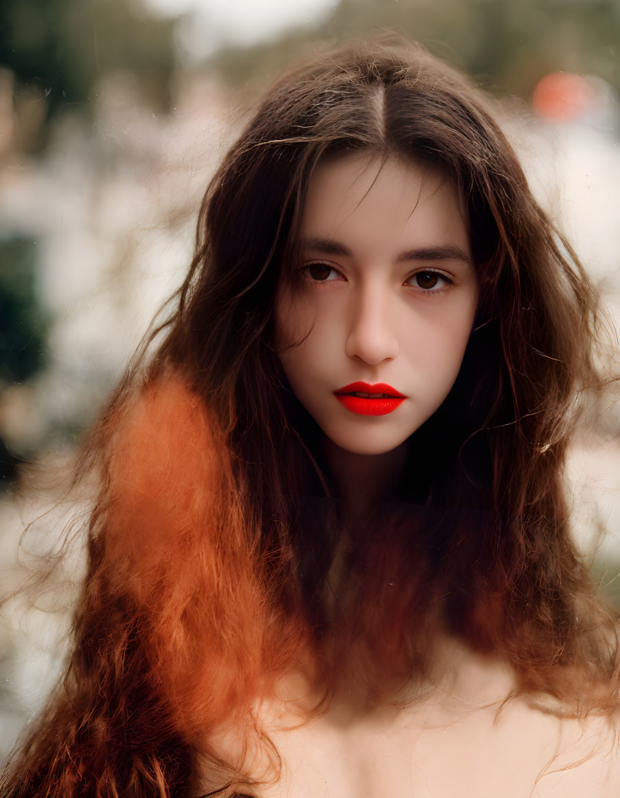 Brown-haired woman with red lipstick in direct gaze on soft-focus backdrop