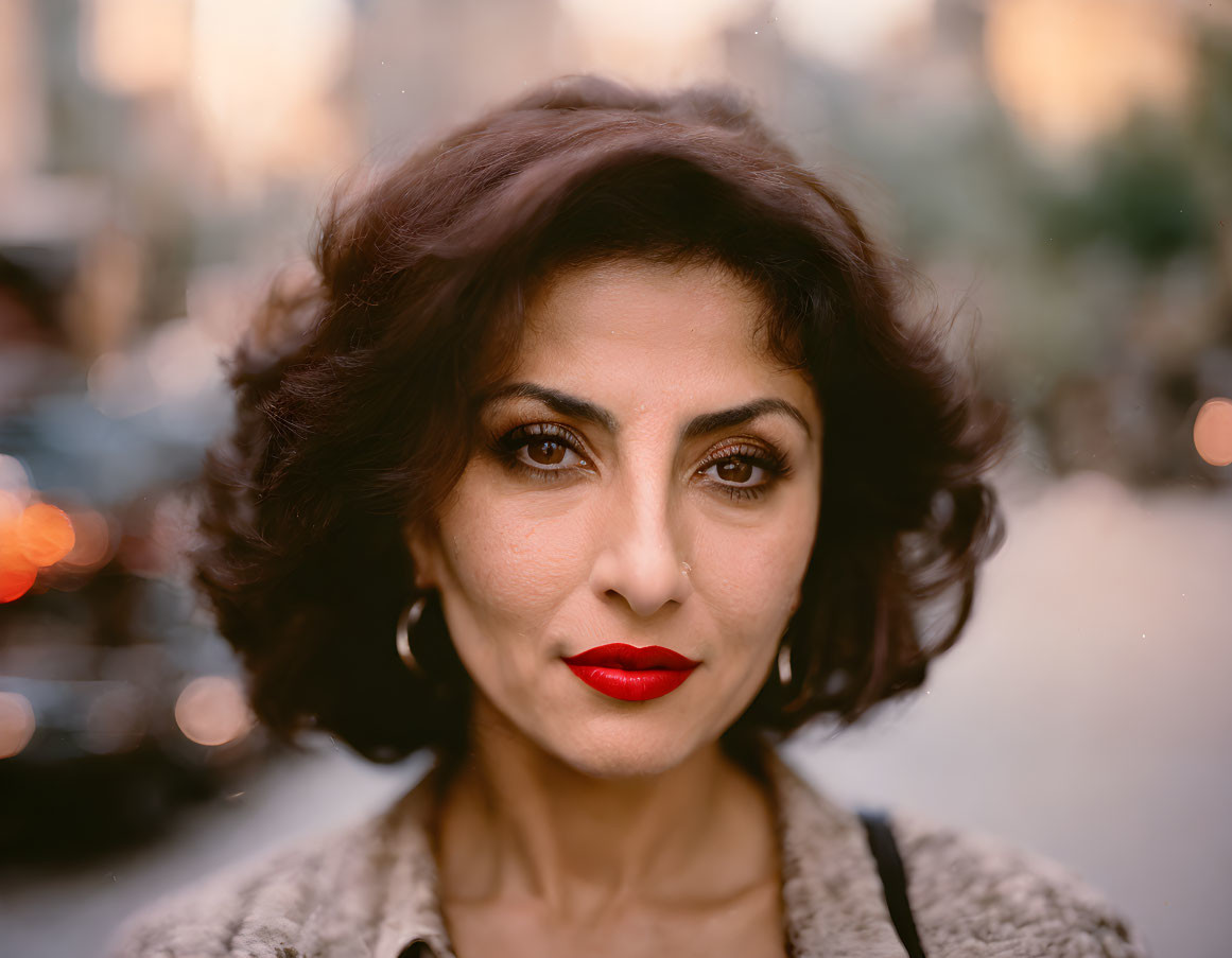 Portrait of woman with short wavy hair, red lipstick, hoop earrings, and fur coat in urban