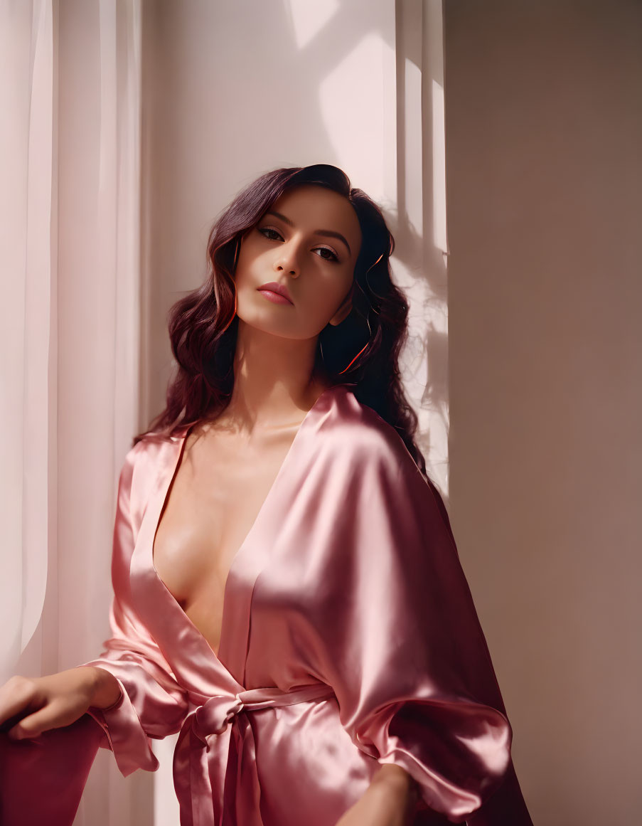 Woman in Pink Silky Robe Posing by Window in Sunlight