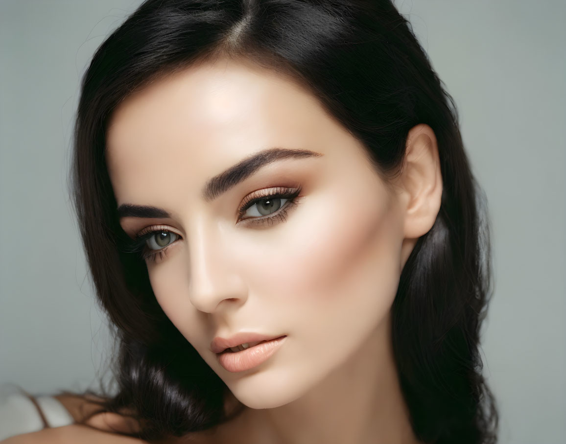 Portrait of woman with dark hair, prominent eyebrows, and makeup against neutral backdrop