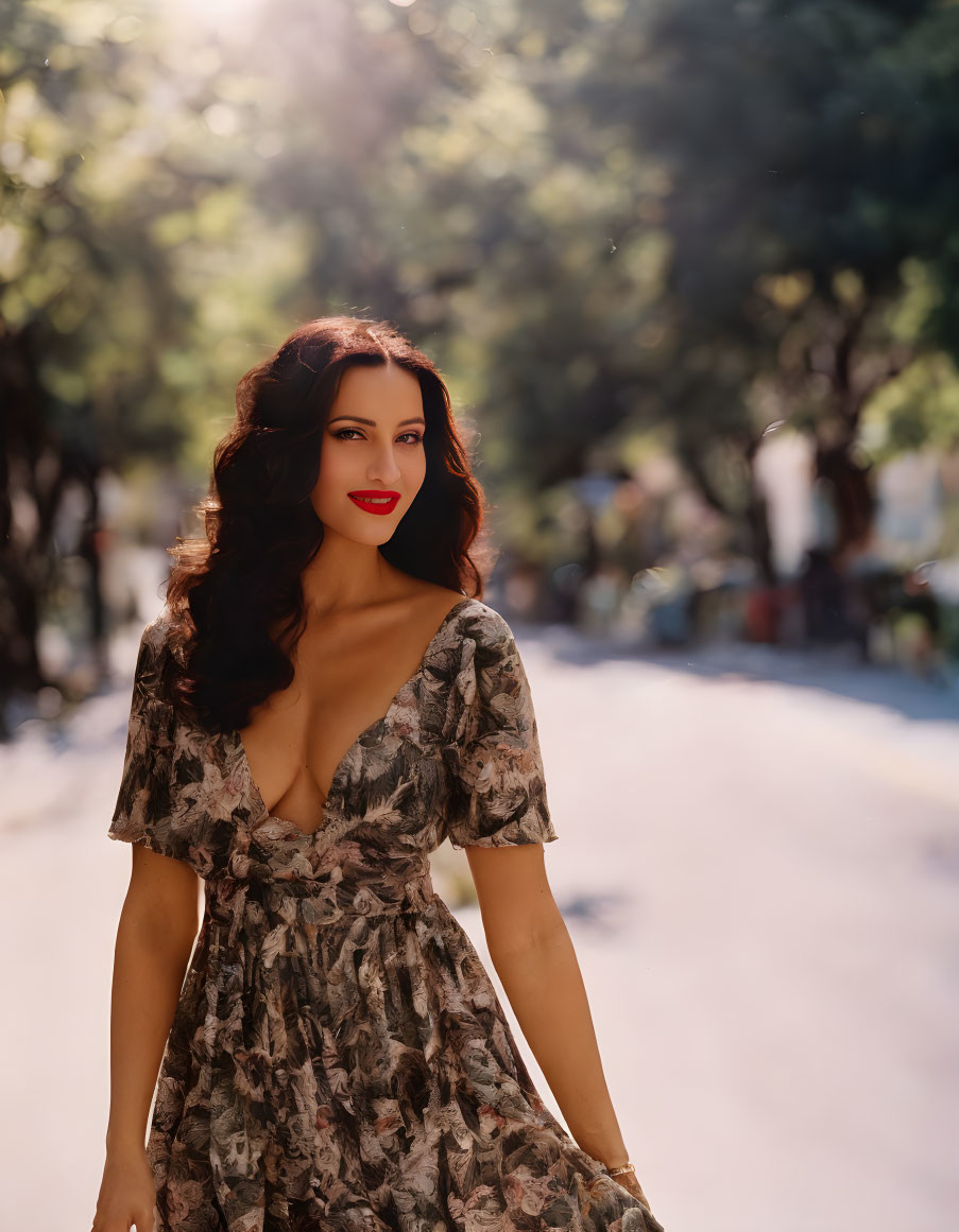 Woman in floral dress smiling on sunlit path with trees and people.