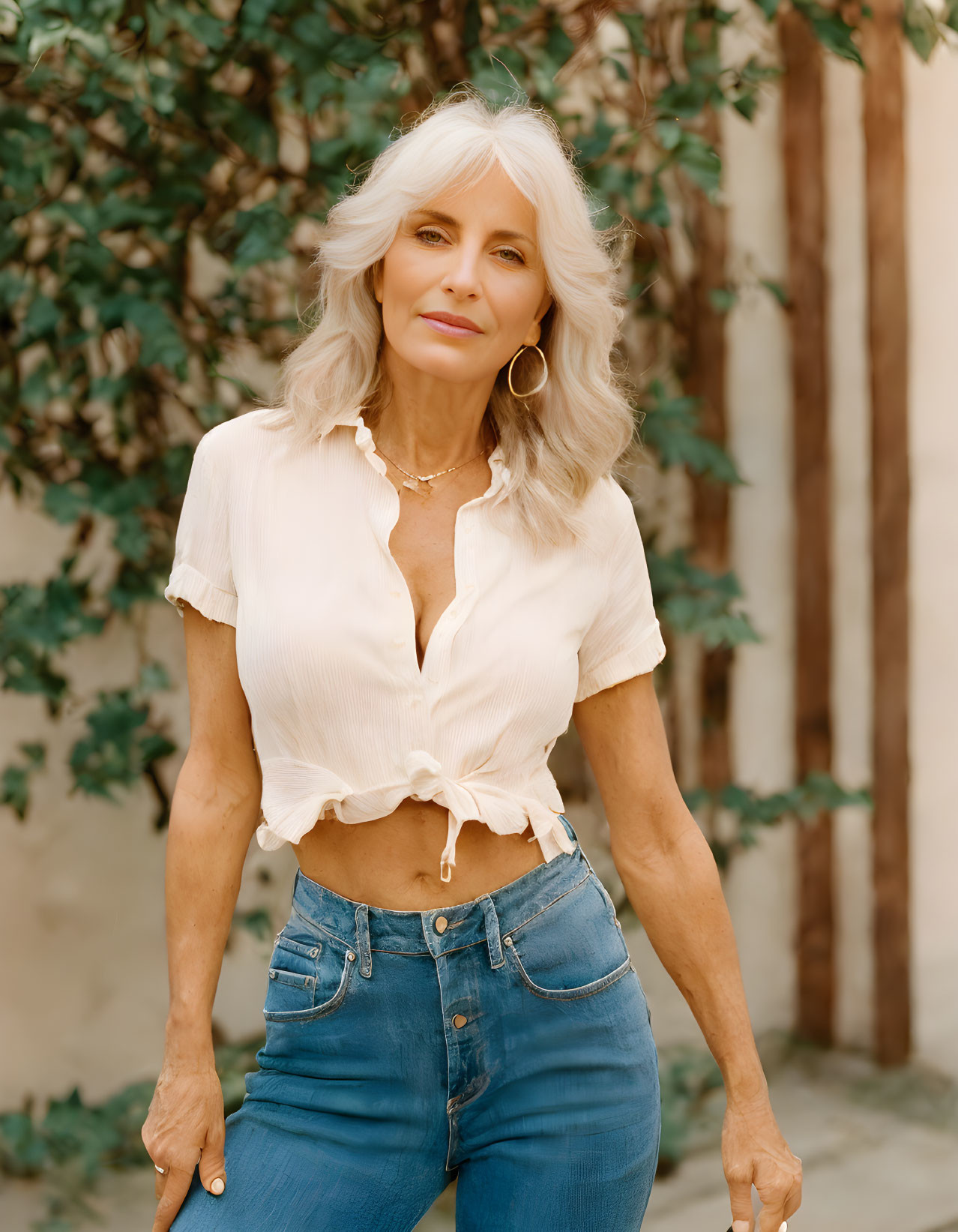 Blonde woman in white blouse and jeans near tree and wall