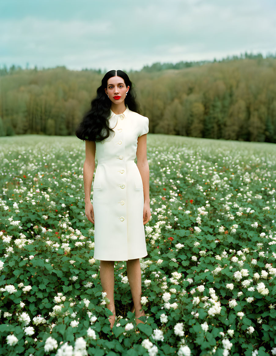 Woman in white dress surrounded by white flowers in field with forest backdrop