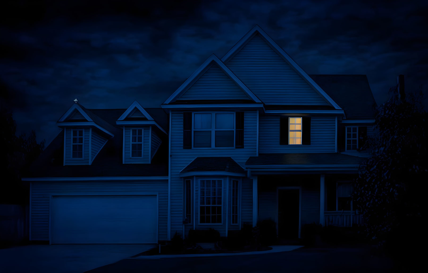 Nighttime scene: solitary house, one lit window, dark blue sky